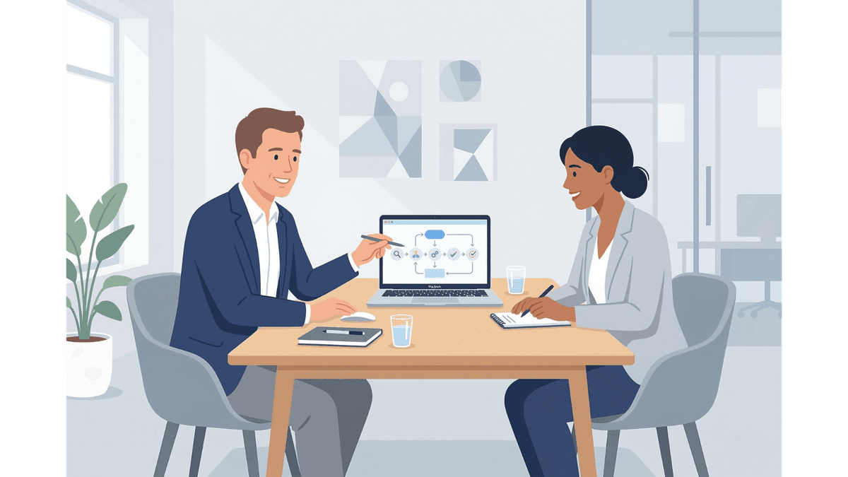 コンサルタントがクライアントと面談しながらフロー図を作成