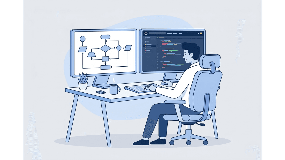SEがデュアルモニターでフロー図とコードを同時に表示